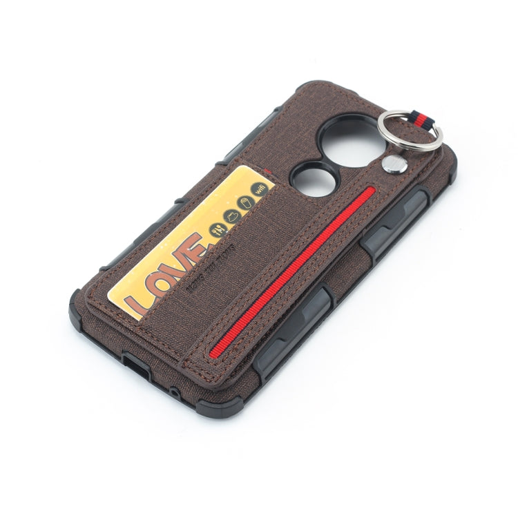 For Motorola Moto E5 Plus Cloth Texture + TPU Shockproof Protective Case with Metal Ring & Holder & Card Slots & Hanging Strap