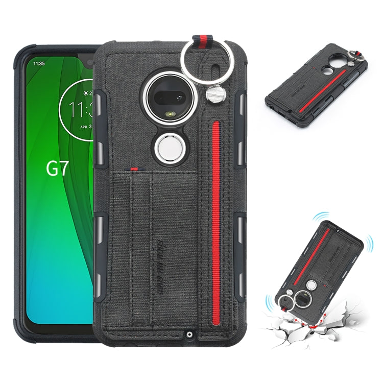 For Motorola Moto G7 Cloth Texture + TPU Shockproof Protective Case with Metal Ring & Holder & Card Slots & Hanging Strap