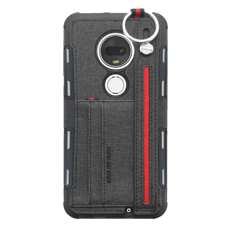 For Motorola Moto G7 Cloth Texture + TPU Shockproof Protective Case with Metal Ring & Holder & Card Slots & Hanging Strap