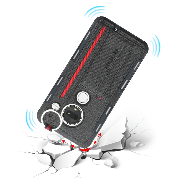 For Motorola Moto G7 Cloth Texture + TPU Shockproof Protective Case with Metal Ring & Holder & Card Slots & Hanging Strap
