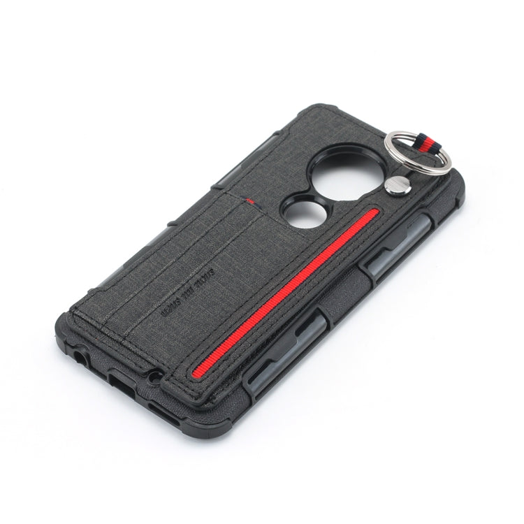 For Motorola Moto G7 Cloth Texture + TPU Shockproof Protective Case with Metal Ring & Holder & Card Slots & Hanging Strap