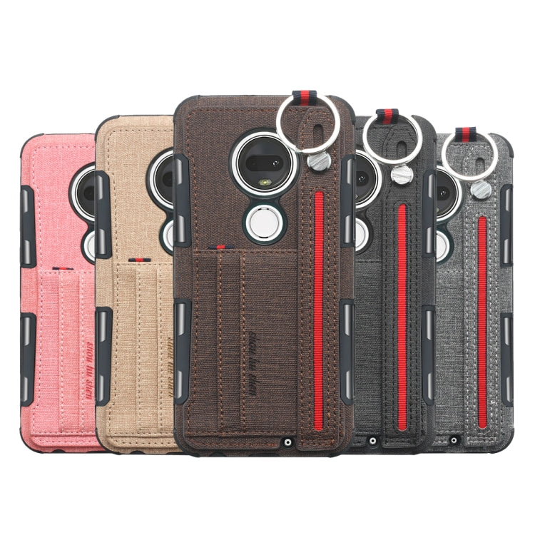 For Motorola Moto G7 Cloth Texture + TPU Shockproof Protective Case with Metal Ring & Holder & Card Slots & Hanging Strap