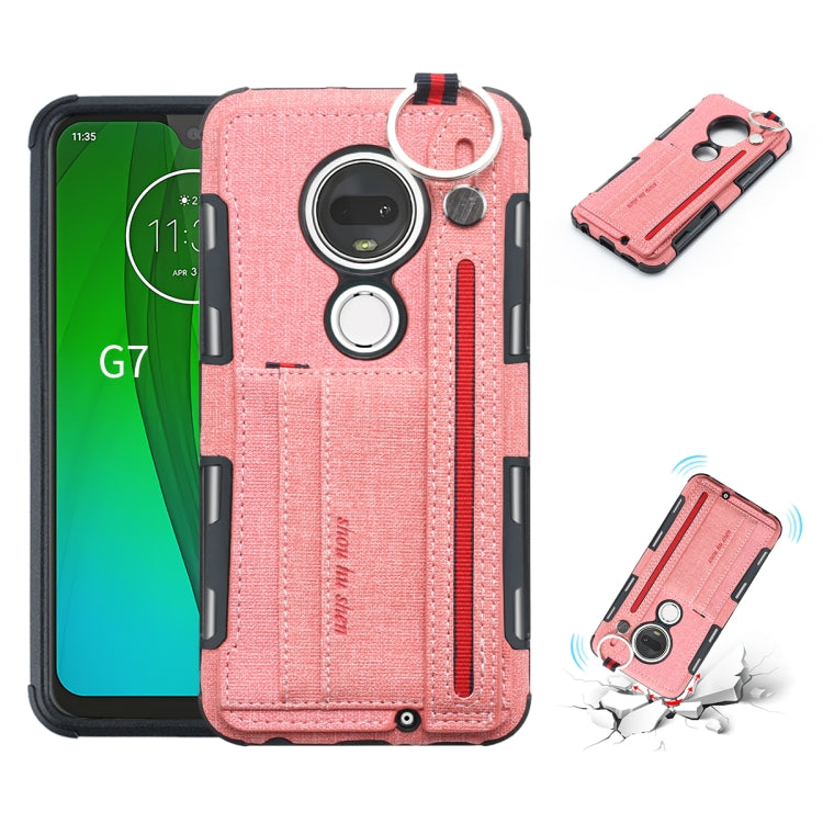 For Motorola Moto G7 Cloth Texture + TPU Shockproof Protective Case with Metal Ring & Holder & Card Slots & Hanging Strap