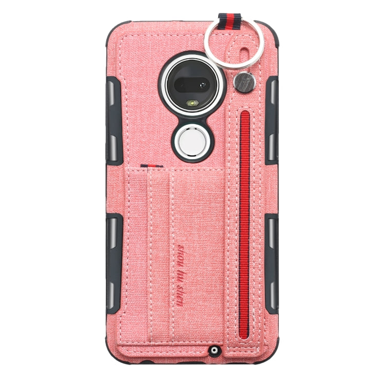For Motorola Moto G7 Cloth Texture + TPU Shockproof Protective Case with Metal Ring & Holder & Card Slots & Hanging Strap