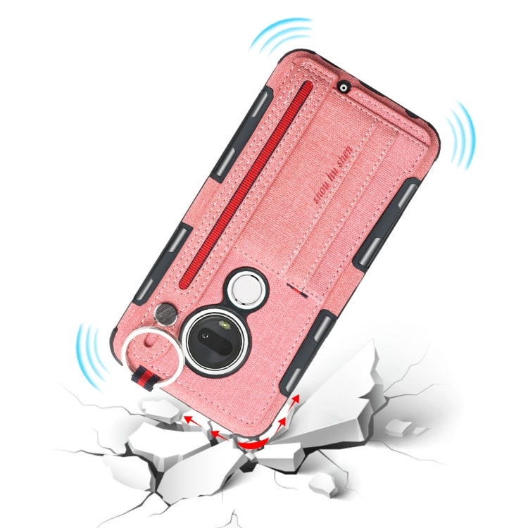 For Motorola Moto G7 Cloth Texture + TPU Shockproof Protective Case with Metal Ring & Holder & Card Slots & Hanging Strap