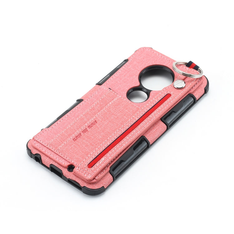 For Motorola Moto G7 Cloth Texture + TPU Shockproof Protective Case with Metal Ring & Holder & Card Slots & Hanging Strap