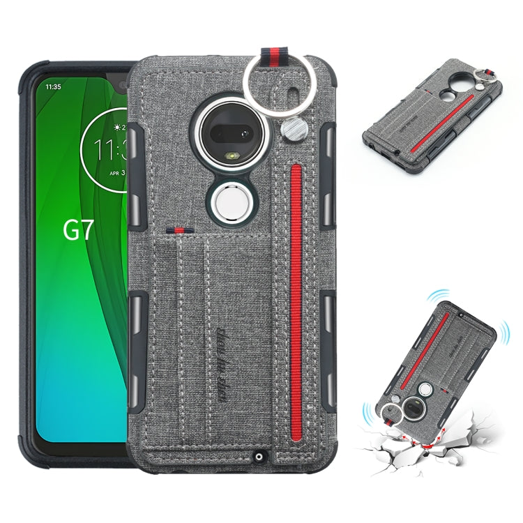 For Motorola Moto G7 Cloth Texture + TPU Shockproof Protective Case with Metal Ring & Holder & Card Slots & Hanging Strap