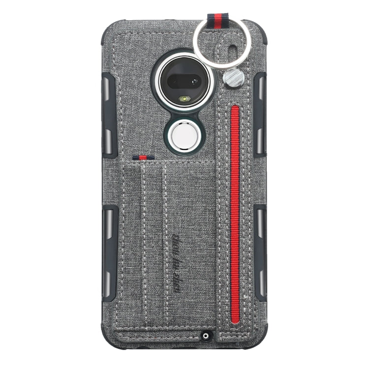For Motorola Moto G7 Cloth Texture + TPU Shockproof Protective Case with Metal Ring & Holder & Card Slots & Hanging Strap