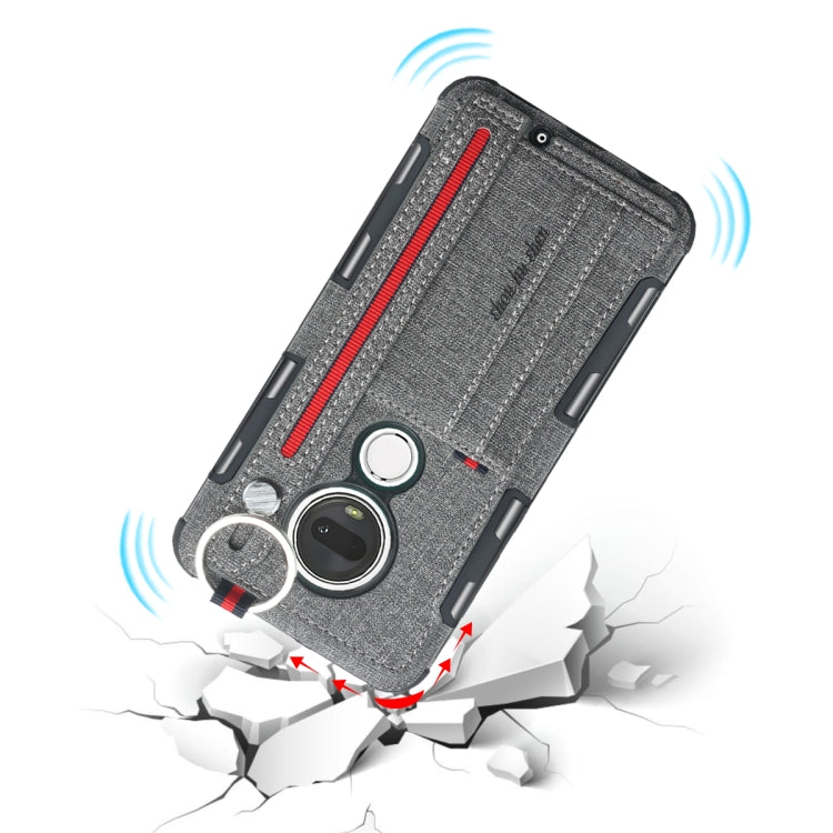 For Motorola Moto G7 Cloth Texture + TPU Shockproof Protective Case with Metal Ring & Holder & Card Slots & Hanging Strap