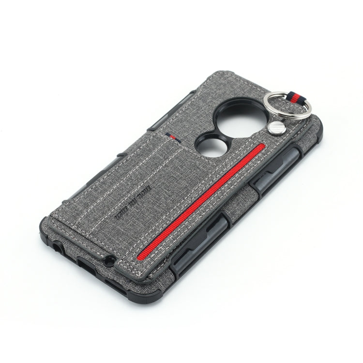 For Motorola Moto G7 Cloth Texture + TPU Shockproof Protective Case with Metal Ring & Holder & Card Slots & Hanging Strap