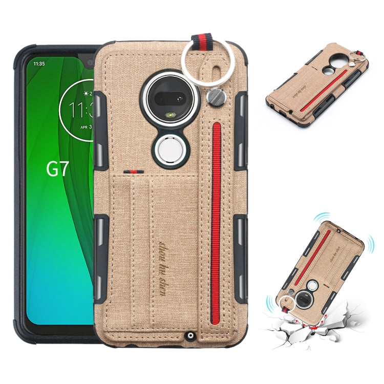 For Motorola Moto G7 Cloth Texture + TPU Shockproof Protective Case with Metal Ring & Holder & Card Slots & Hanging Strap