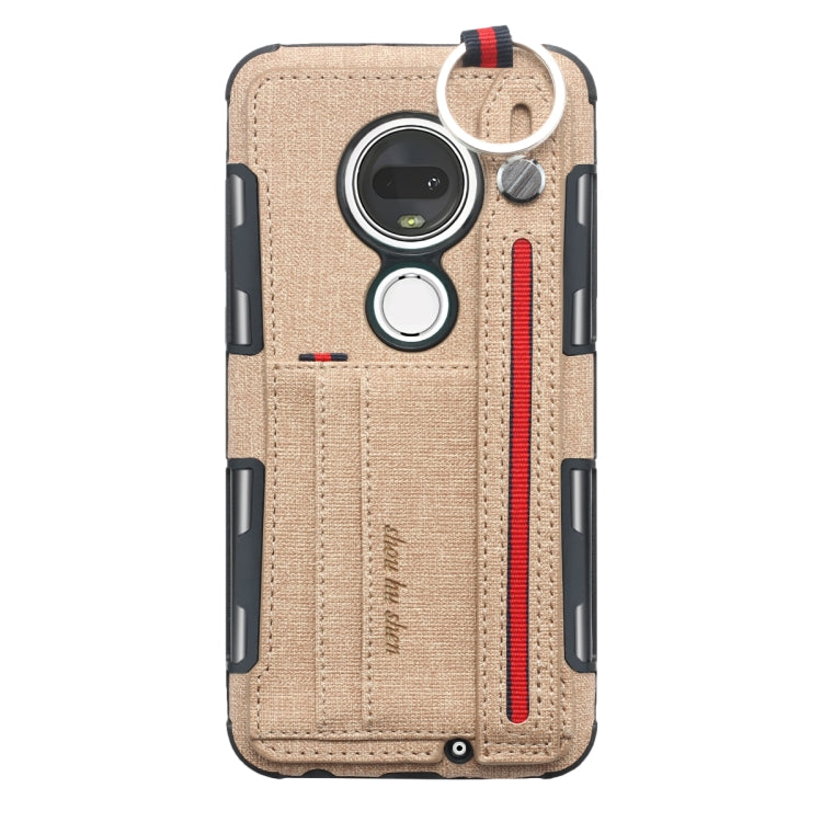 For Motorola Moto G7 Cloth Texture + TPU Shockproof Protective Case with Metal Ring & Holder & Card Slots & Hanging Strap