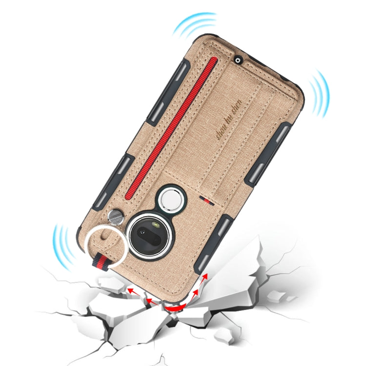 For Motorola Moto G7 Cloth Texture + TPU Shockproof Protective Case with Metal Ring & Holder & Card Slots & Hanging Strap