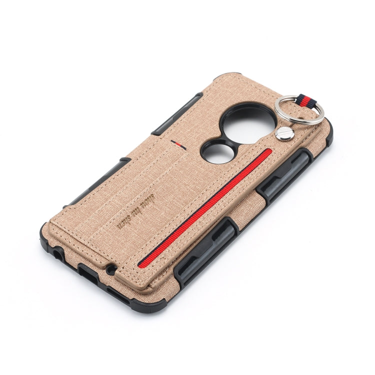 For Motorola Moto G7 Cloth Texture + TPU Shockproof Protective Case with Metal Ring & Holder & Card Slots & Hanging Strap