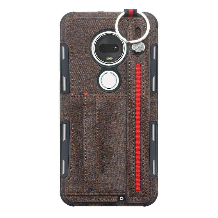 For Motorola Moto G7 Cloth Texture + TPU Shockproof Protective Case with Metal Ring & Holder & Card Slots & Hanging Strap