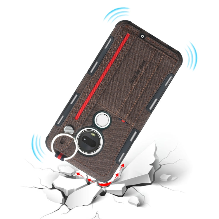 For Motorola Moto G7 Cloth Texture + TPU Shockproof Protective Case with Metal Ring & Holder & Card Slots & Hanging Strap