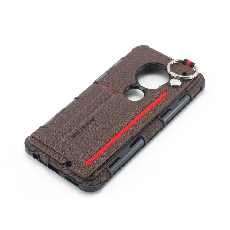For Motorola Moto G7 Cloth Texture + TPU Shockproof Protective Case with Metal Ring & Holder & Card Slots & Hanging Strap