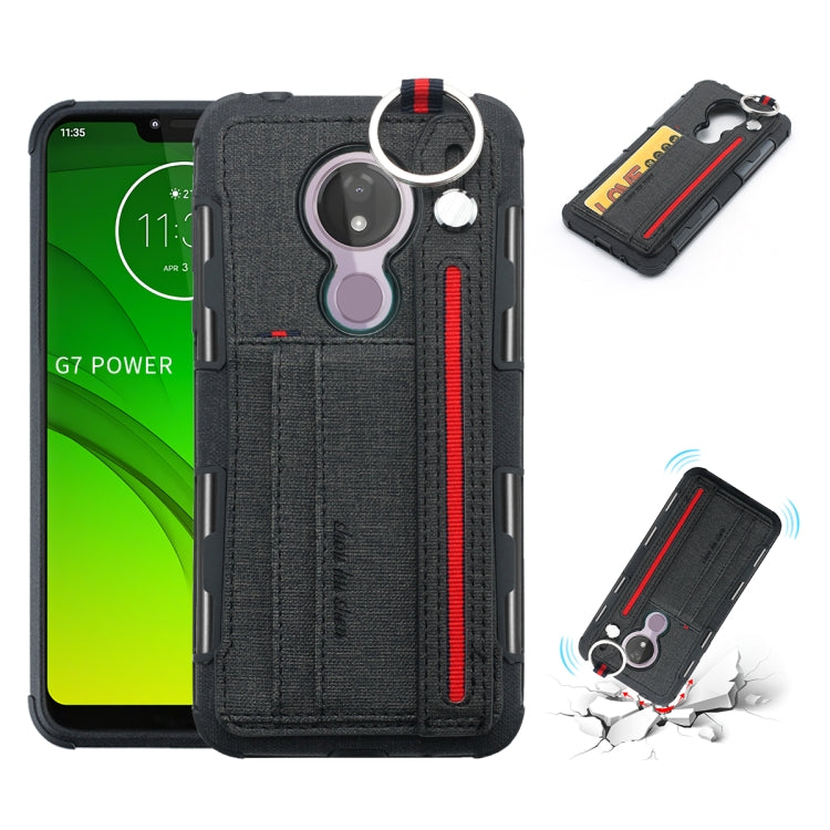For Motorola Moto G7 Power Cloth Texture + TPU Shockproof Protective Case with Metal Ring & Holder & Card Slots & Hanging Strap