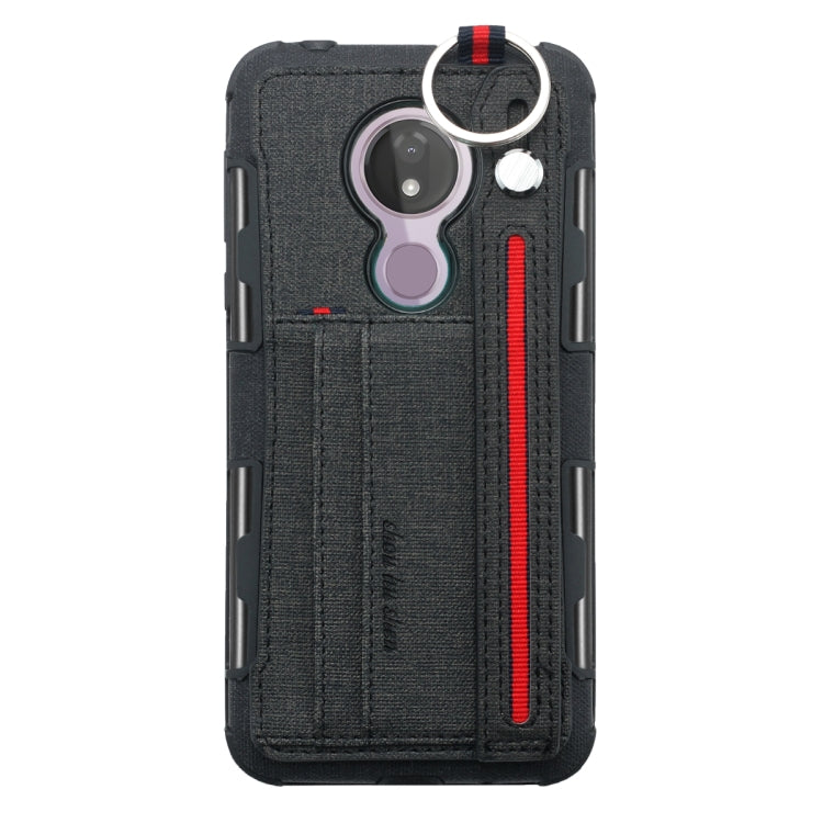 For Motorola Moto G7 Power Cloth Texture + TPU Shockproof Protective Case with Metal Ring & Holder & Card Slots & Hanging Strap