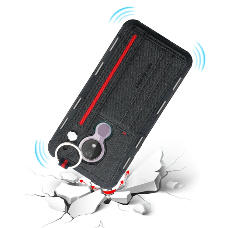 For Motorola Moto G7 Power Cloth Texture + TPU Shockproof Protective Case with Metal Ring & Holder & Card Slots & Hanging Strap