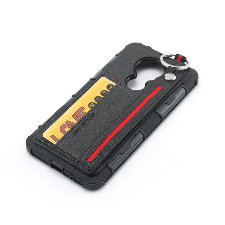 For Motorola Moto G7 Power Cloth Texture + TPU Shockproof Protective Case with Metal Ring & Holder & Card Slots & Hanging Strap