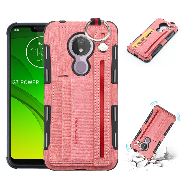 For Motorola Moto G7 Power Cloth Texture + TPU Shockproof Protective Case with Metal Ring & Holder & Card Slots & Hanging Strap