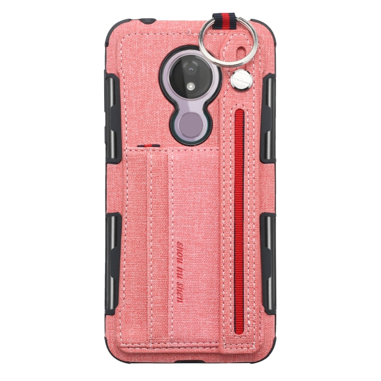For Motorola Moto G7 Power Cloth Texture + TPU Shockproof Protective Case with Metal Ring & Holder & Card Slots & Hanging Strap