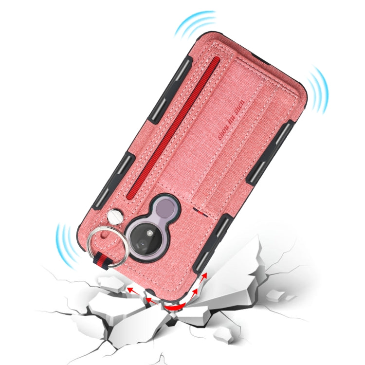 For Motorola Moto G7 Power Cloth Texture + TPU Shockproof Protective Case with Metal Ring & Holder & Card Slots & Hanging Strap