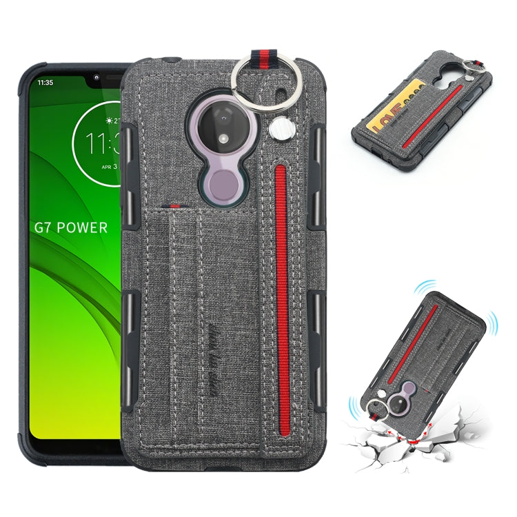 For Motorola Moto G7 Power Cloth Texture + TPU Shockproof Protective Case with Metal Ring & Holder & Card Slots & Hanging Strap