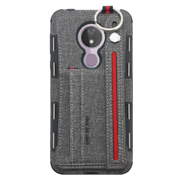 For Motorola Moto G7 Power Cloth Texture + TPU Shockproof Protective Case with Metal Ring & Holder & Card Slots & Hanging Strap