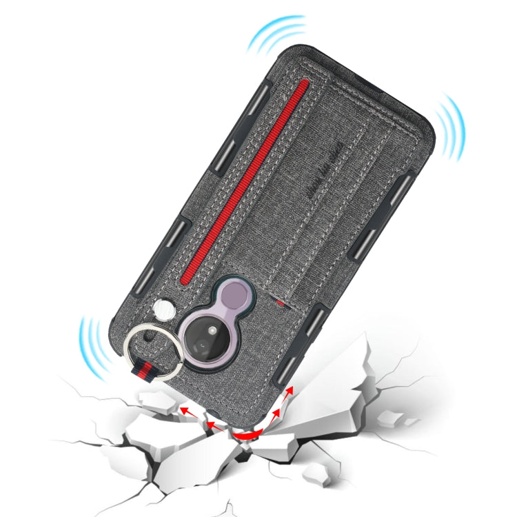 For Motorola Moto G7 Power Cloth Texture + TPU Shockproof Protective Case with Metal Ring & Holder & Card Slots & Hanging Strap