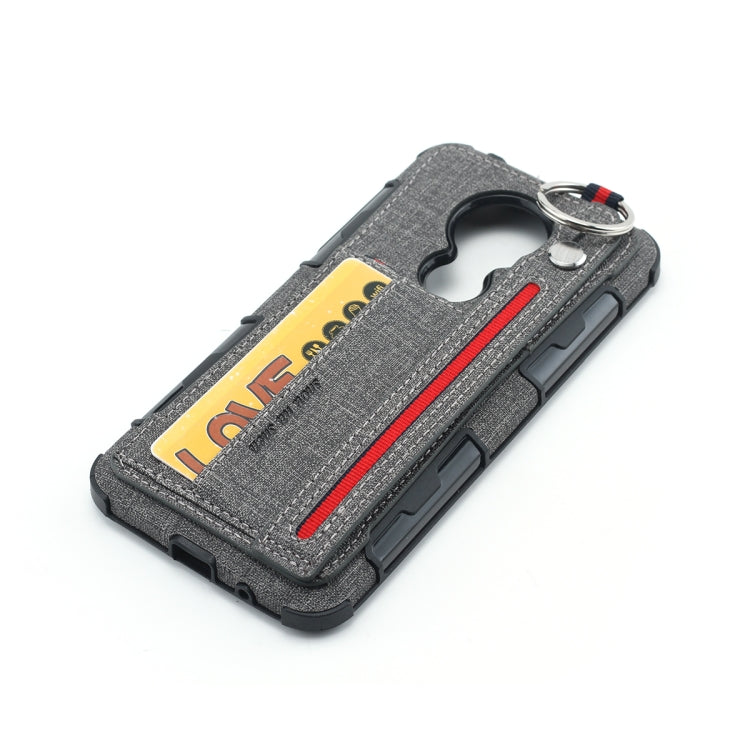 For Motorola Moto G7 Power Cloth Texture + TPU Shockproof Protective Case with Metal Ring & Holder & Card Slots & Hanging Strap