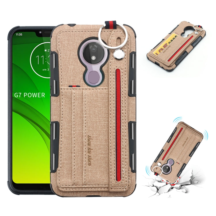 For Motorola Moto G7 Power Cloth Texture + TPU Shockproof Protective Case with Metal Ring & Holder & Card Slots & Hanging Strap