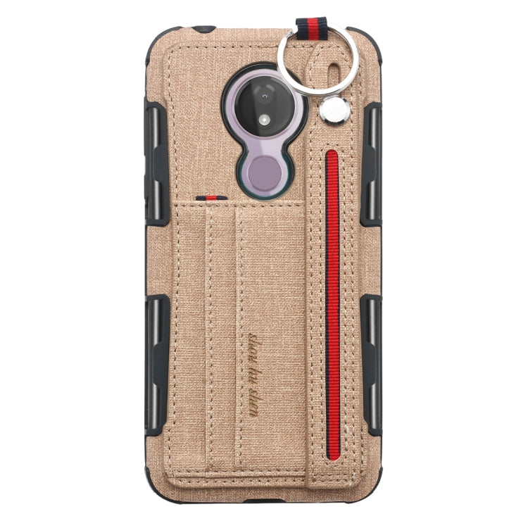 For Motorola Moto G7 Power Cloth Texture + TPU Shockproof Protective Case with Metal Ring & Holder & Card Slots & Hanging Strap