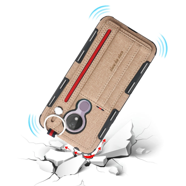 For Motorola Moto G7 Power Cloth Texture + TPU Shockproof Protective Case with Metal Ring & Holder & Card Slots & Hanging Strap