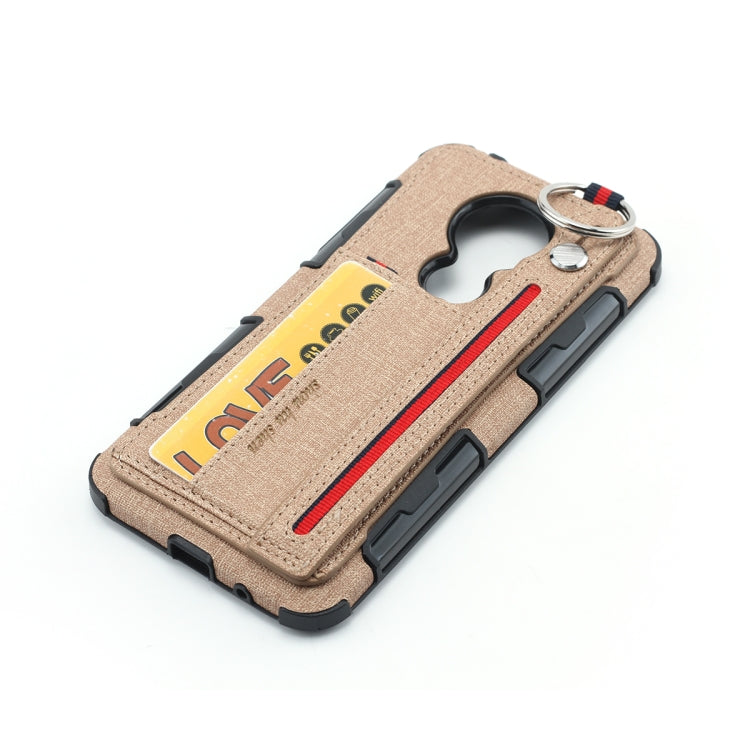 For Motorola Moto G7 Power Cloth Texture + TPU Shockproof Protective Case with Metal Ring & Holder & Card Slots & Hanging Strap
