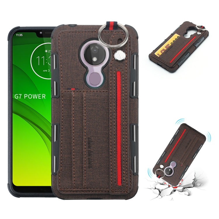 For Motorola Moto G7 Power Cloth Texture + TPU Shockproof Protective Case with Metal Ring & Holder & Card Slots & Hanging Strap