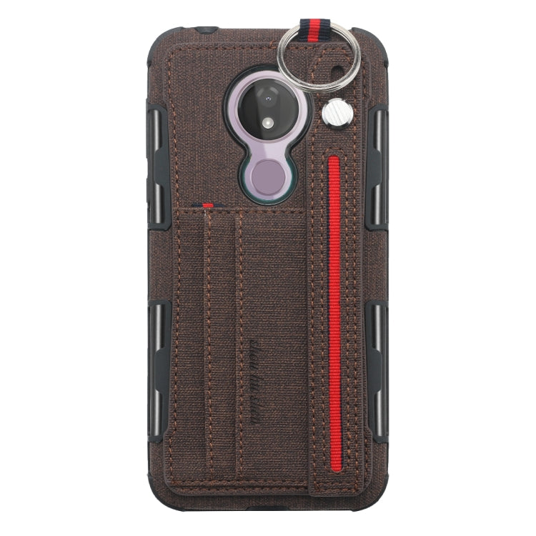 For Motorola Moto G7 Power Cloth Texture + TPU Shockproof Protective Case with Metal Ring & Holder & Card Slots & Hanging Strap
