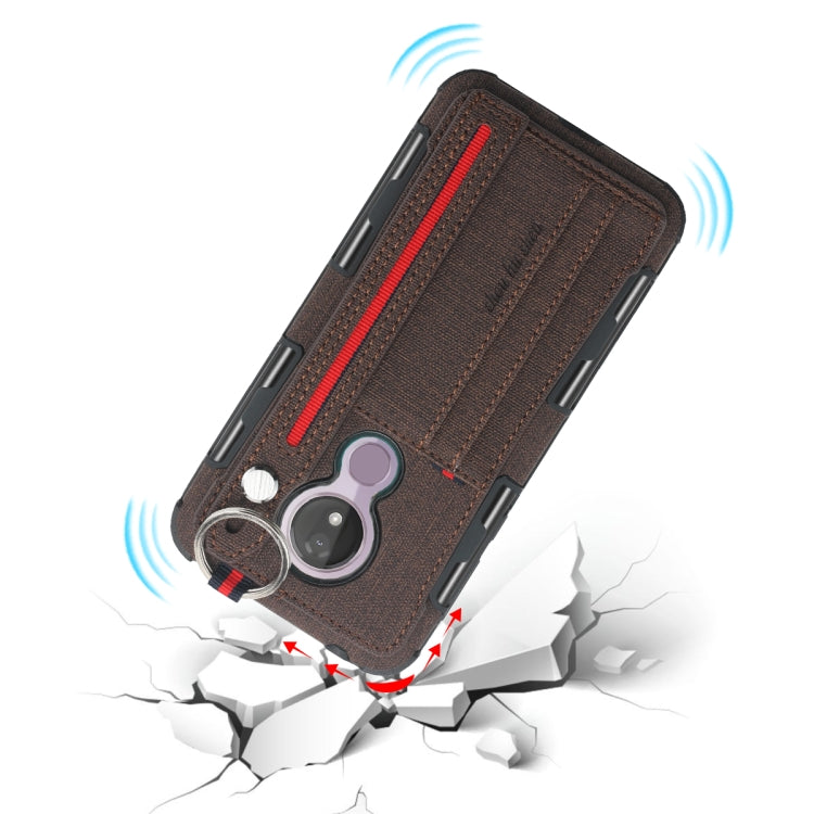 For Motorola Moto G7 Power Cloth Texture + TPU Shockproof Protective Case with Metal Ring & Holder & Card Slots & Hanging Strap