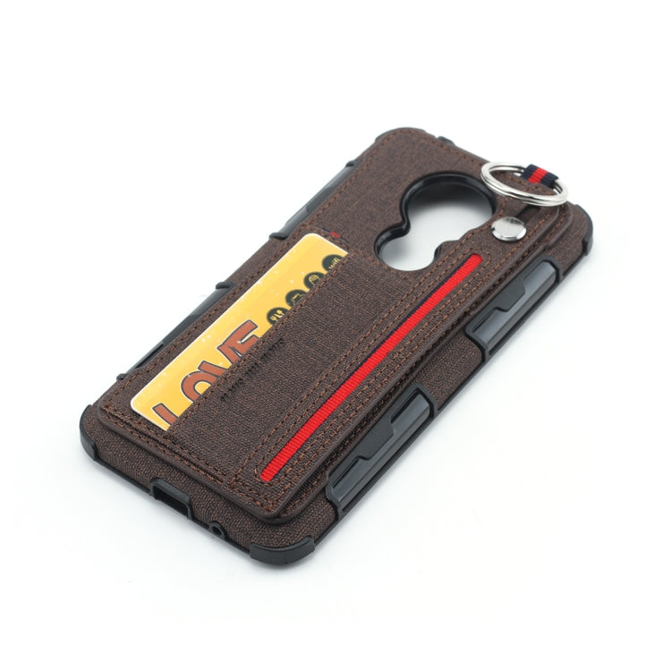 For Motorola Moto G7 Power Cloth Texture + TPU Shockproof Protective Case with Metal Ring & Holder & Card Slots & Hanging Strap