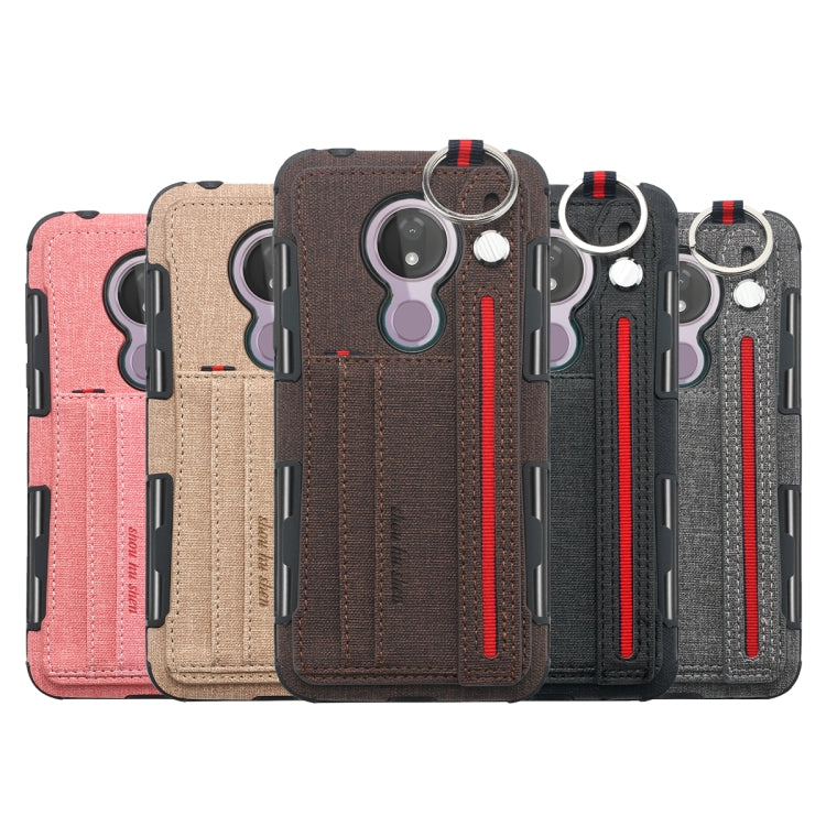 For Motorola Moto G7 Power Cloth Texture + TPU Shockproof Protective Case with Metal Ring & Holder & Card Slots & Hanging Strap