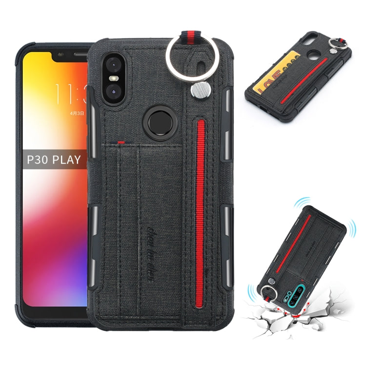 For Motorola One (P30 Play) Cloth Texture + TPU Shockproof Protective Case with Metal Ring & Holder & Card Slots & Hanging Strap