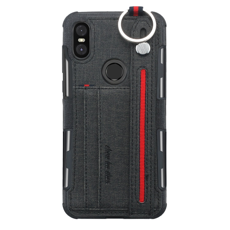 For Motorola One (P30 Play) Cloth Texture + TPU Shockproof Protective Case with Metal Ring & Holder & Card Slots & Hanging Strap
