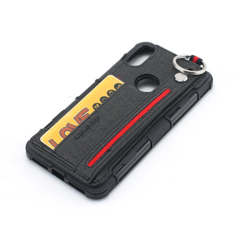 For Motorola One (P30 Play) Cloth Texture + TPU Shockproof Protective Case with Metal Ring & Holder & Card Slots & Hanging Strap