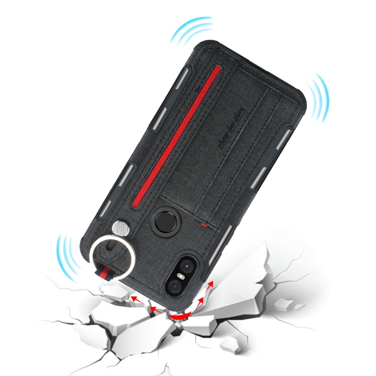 For Motorola One (P30 Play) Cloth Texture + TPU Shockproof Protective Case with Metal Ring & Holder & Card Slots & Hanging Strap
