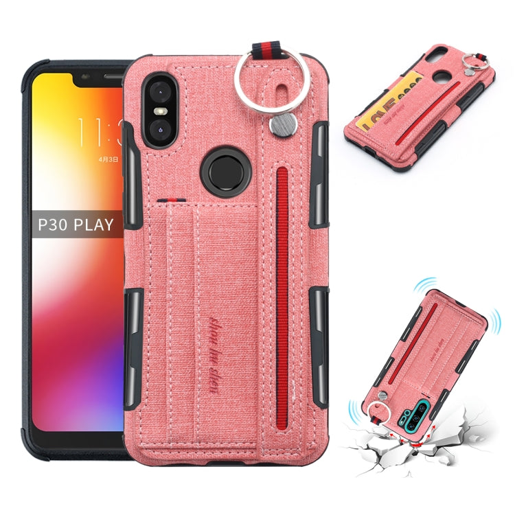 For Motorola One (P30 Play) Cloth Texture + TPU Shockproof Protective Case with Metal Ring & Holder & Card Slots & Hanging Strap