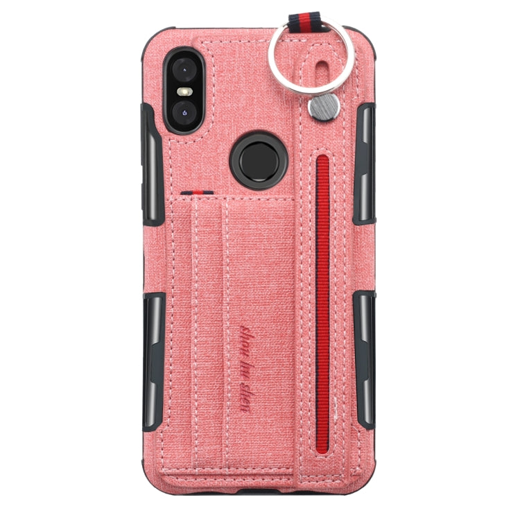 For Motorola One (P30 Play) Cloth Texture + TPU Shockproof Protective Case with Metal Ring & Holder & Card Slots & Hanging Strap