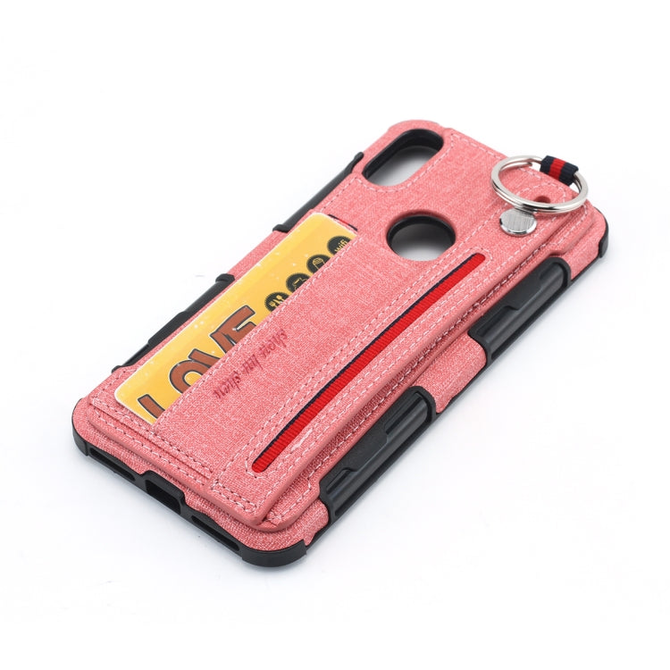 For Motorola One (P30 Play) Cloth Texture + TPU Shockproof Protective Case with Metal Ring & Holder & Card Slots & Hanging Strap