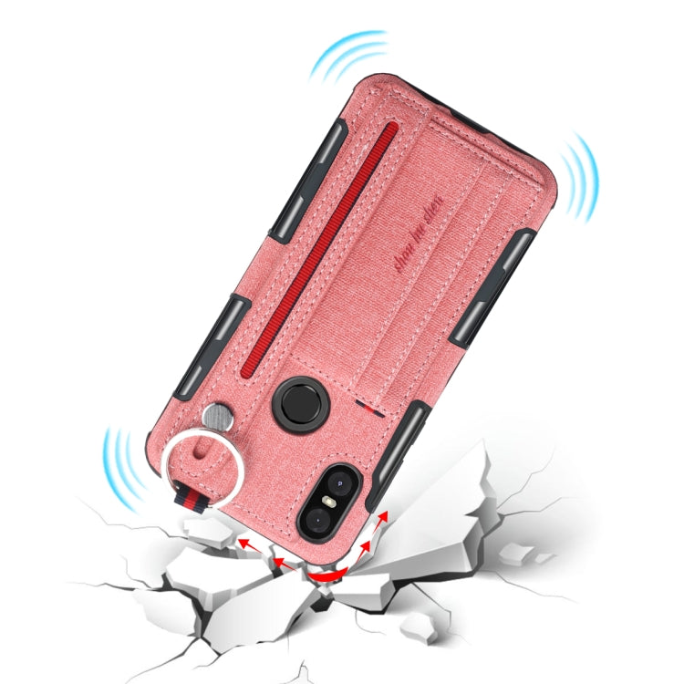 For Motorola One (P30 Play) Cloth Texture + TPU Shockproof Protective Case with Metal Ring & Holder & Card Slots & Hanging Strap