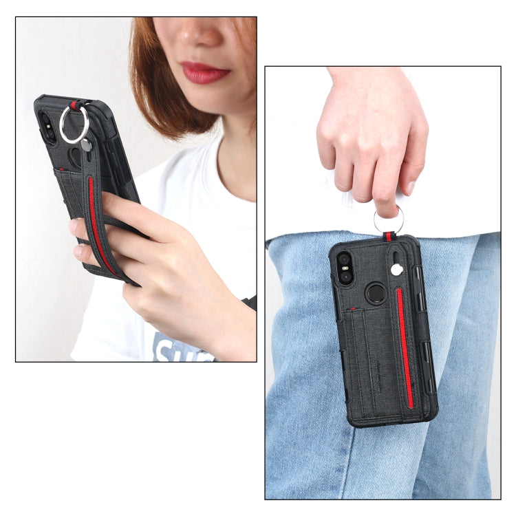 For Motorola One (P30 Play) Cloth Texture + TPU Shockproof Protective Case with Metal Ring & Holder & Card Slots & Hanging Strap